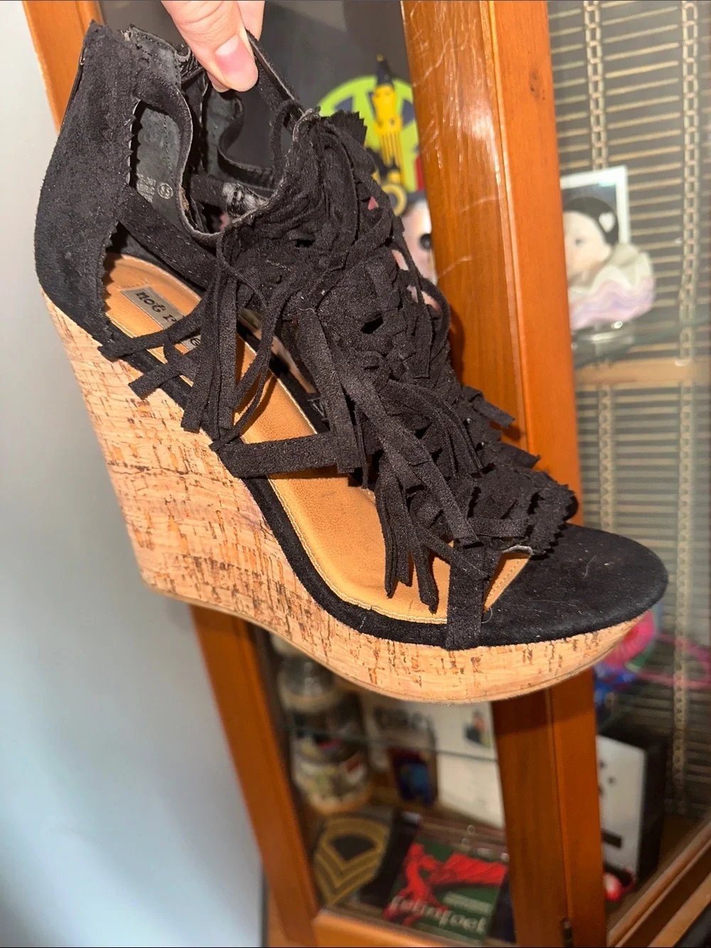 Not Rated Black Suede Fringe Cork Wedge Sandals